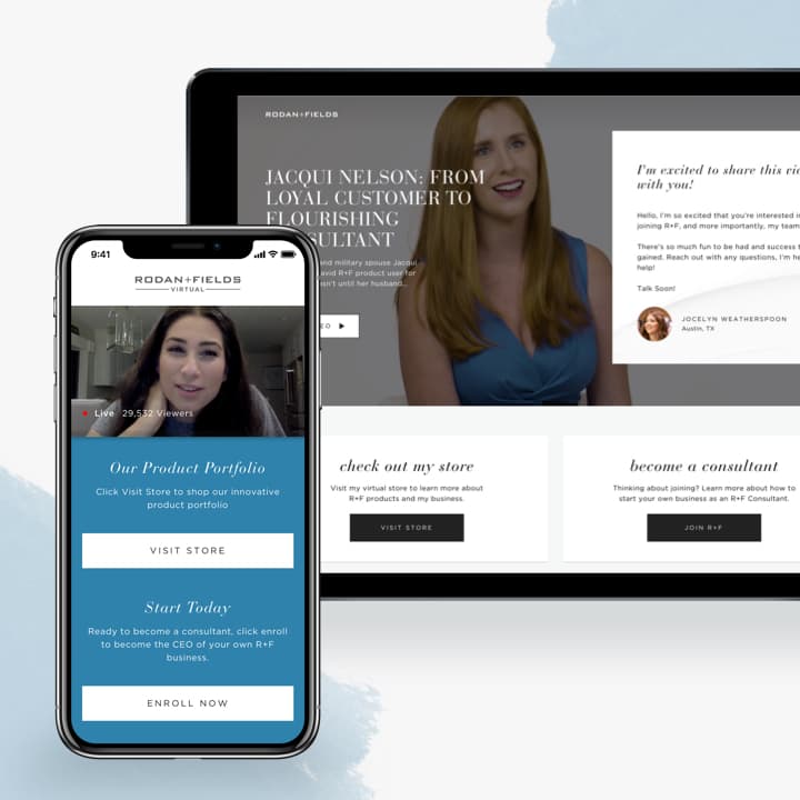 Smartphone screen and tablet screen showcasing Rodan and Fields online tools. Smartphone screen and tablet screen showcasing Rodan and Fields online tools.